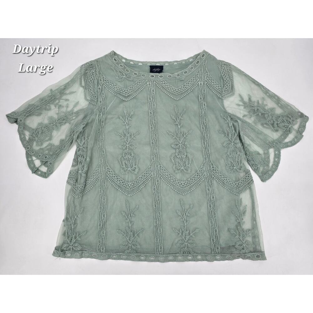 Daytrip Embroidered Lace Top Sage Brush Boho Romantic Sheer Overlay Large